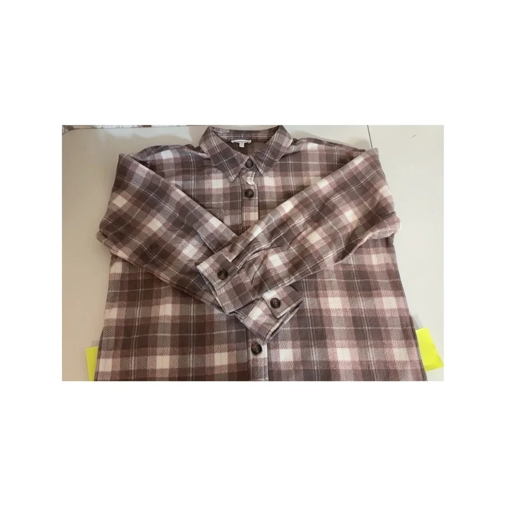 Maurices Plaid Flannel Shirt Jacket Womens Brown White Long Sleeve Button Up Lg‎